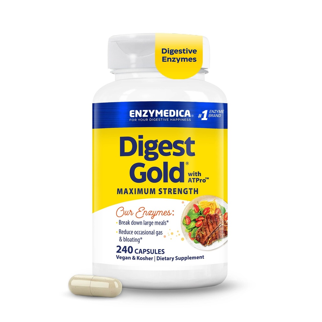 Enzymedica Digest Gold + ATPro, 最大强度酶公式, 防止凝聚和气体, 14个关键酶, 包括Amylase, Protease, Lipase和Lactase, 240 Capsules