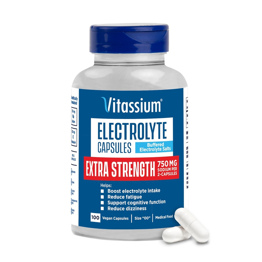 Vitassium Extra 强力电解胶囊,管理 POTS 和高 Sodium 饮食的 750 mg 钠, 不受欢迎, 100 盐丸 (Size 00)