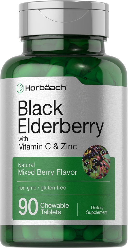 Horbaach Black Elderberry 配有维生素C和锌 90块可嚼的餐具 混合Berry Flavor + Immune 支持综合体 → 蔬菜、非GMO 和 Gluten 免费补充品