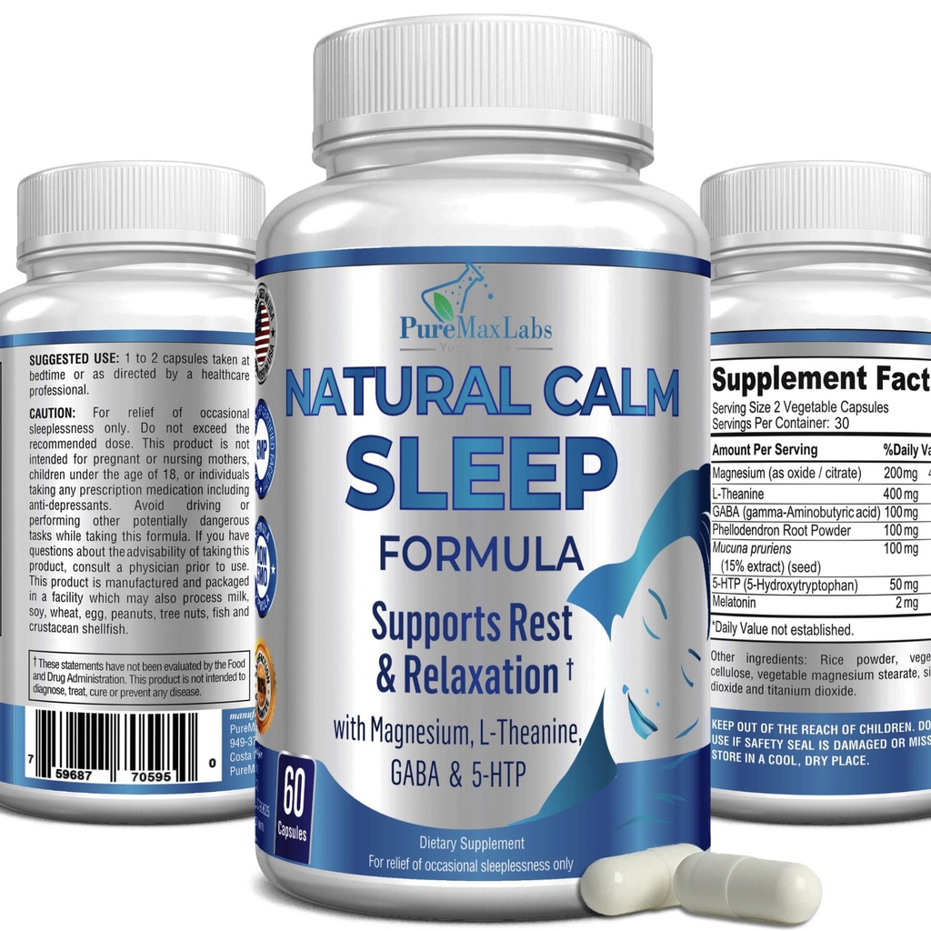 自然平静 睡眠援助与镁,L-Theanine,Melatonin,GABA, 5-Htp QQ 睡眠援助 QQ Non-GMO - 60 Capsules