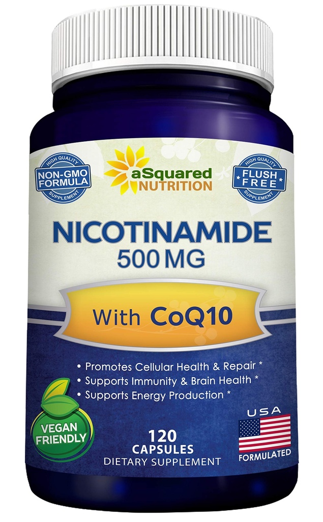 与CoQ10(120 Capsules)-维生素B3500mg(Niacinamide Flush Free)-Coenzyme Q10粉末-VIT B-3 & Coq 10辅助药丸支持能源,NAD,和皮肤细胞健康