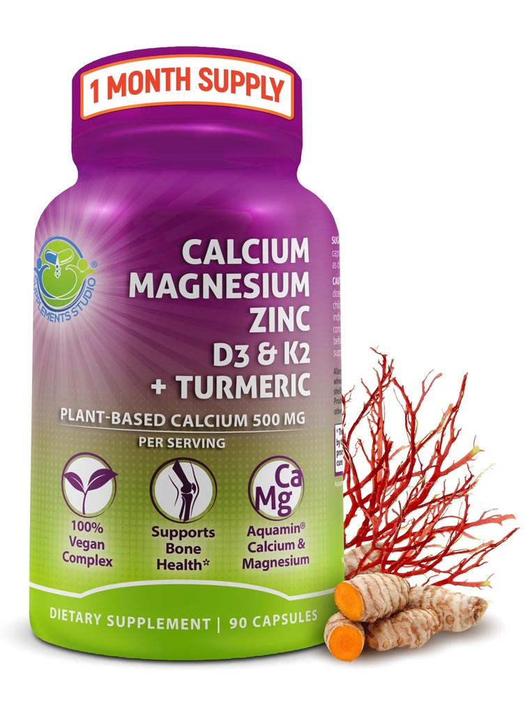 基于植物的500mg钙(Aquamin) – Vegan Calcium 镁锌 D3 配有维生素K2 & 有机图尔姆 – 增强骨骼和肌肉健康与强力,对女性和男性的免疫支持 - 90个计数