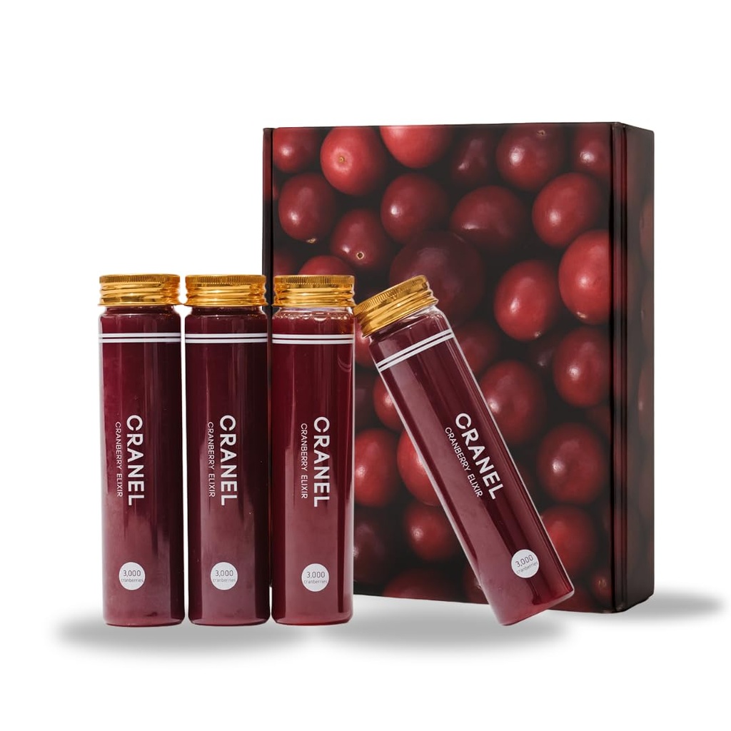 CRANEL UTI支持 Cranberry Elixir, 4X瓶(每月供应) 临床上无抗生素,包装有3000个真Cranberry(Tart Taste) Vegan & Non-GMO, 0加糖