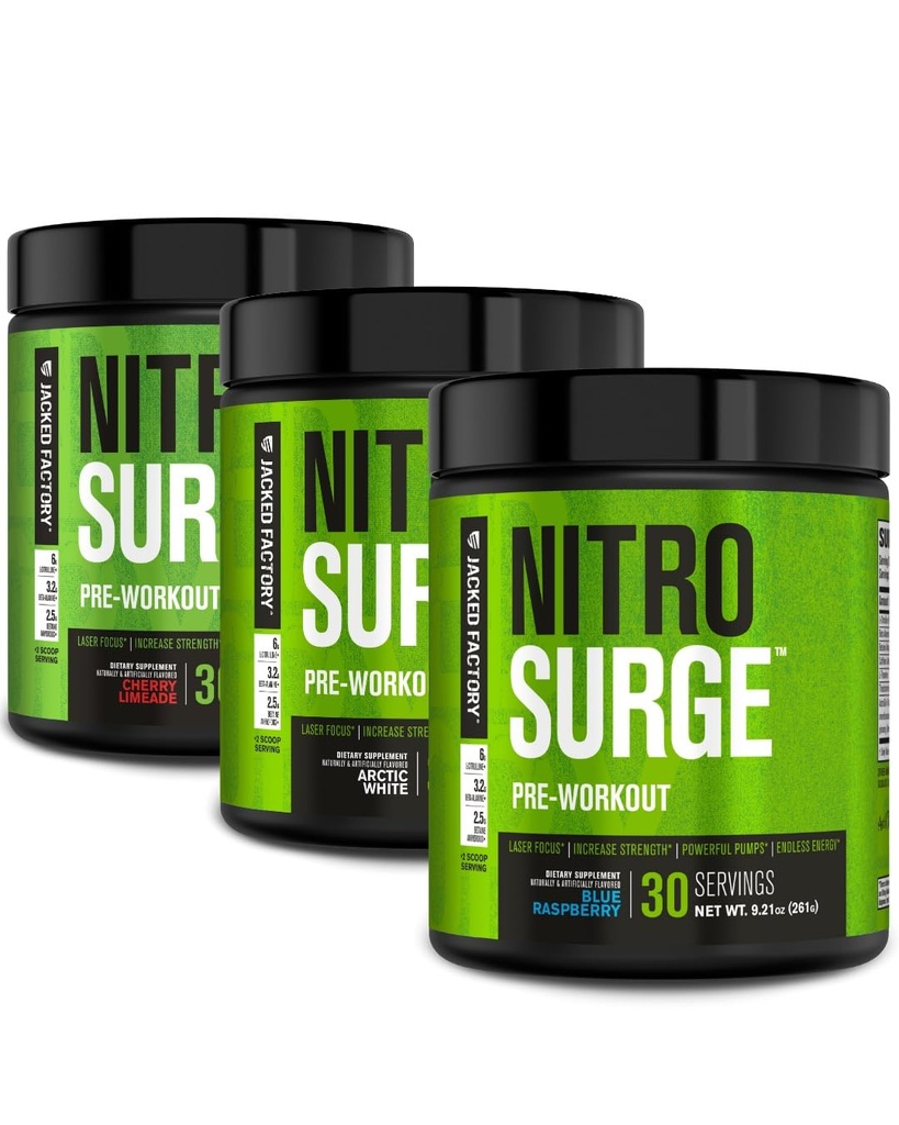 Jacked Factory NITRSURGE Pre Workingout Supplease - 无尽能源,即时强力增益,清晰焦点,强力泵 QQ樱桃Limeade,蓝莓,北极白(90架)