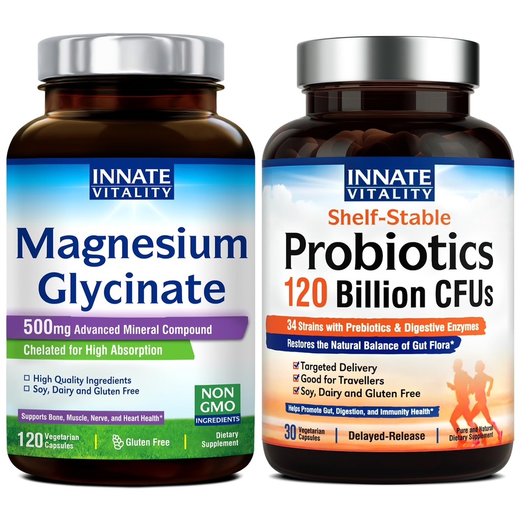 天然活性镁 甘油酸盐和Probiotics 120亿桶,非GMO,无Gluten奶油酸盐和Vegan,镁(120盖)和Probiotic(30盖)