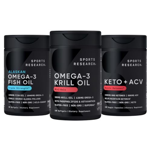 体育研究 三重力量 Omega-3 鱼油,南极磷脂油 + 磷脂, Choline & Astaxanthin Mini-Softgels, Keto Plus ACV 500mg of Apple Cider Vinegar & 1500mg goBHB Exrien Ketones