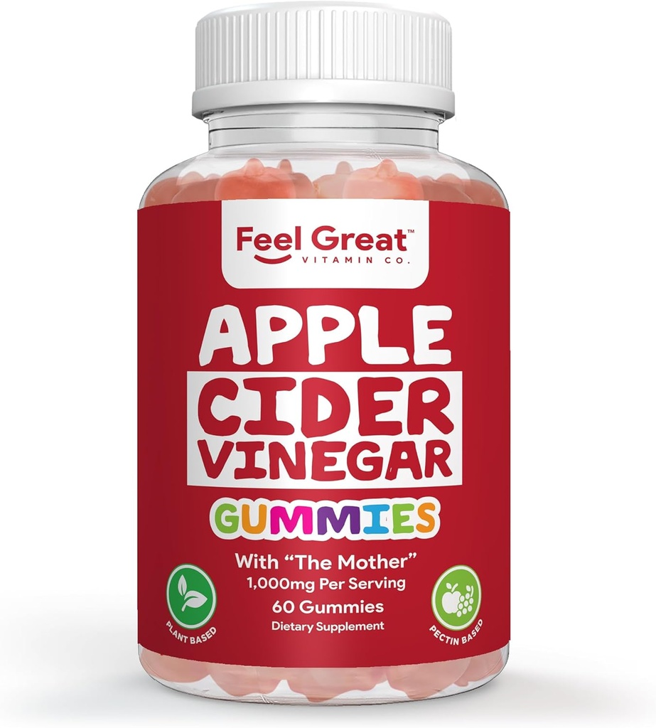Feel Great Vitamins Apple Vider Vinegar Gummys – 与"母亲支持消化"合作的ACV & Daily Wellness – Vegan, Non-GMO, 60 Gummys
