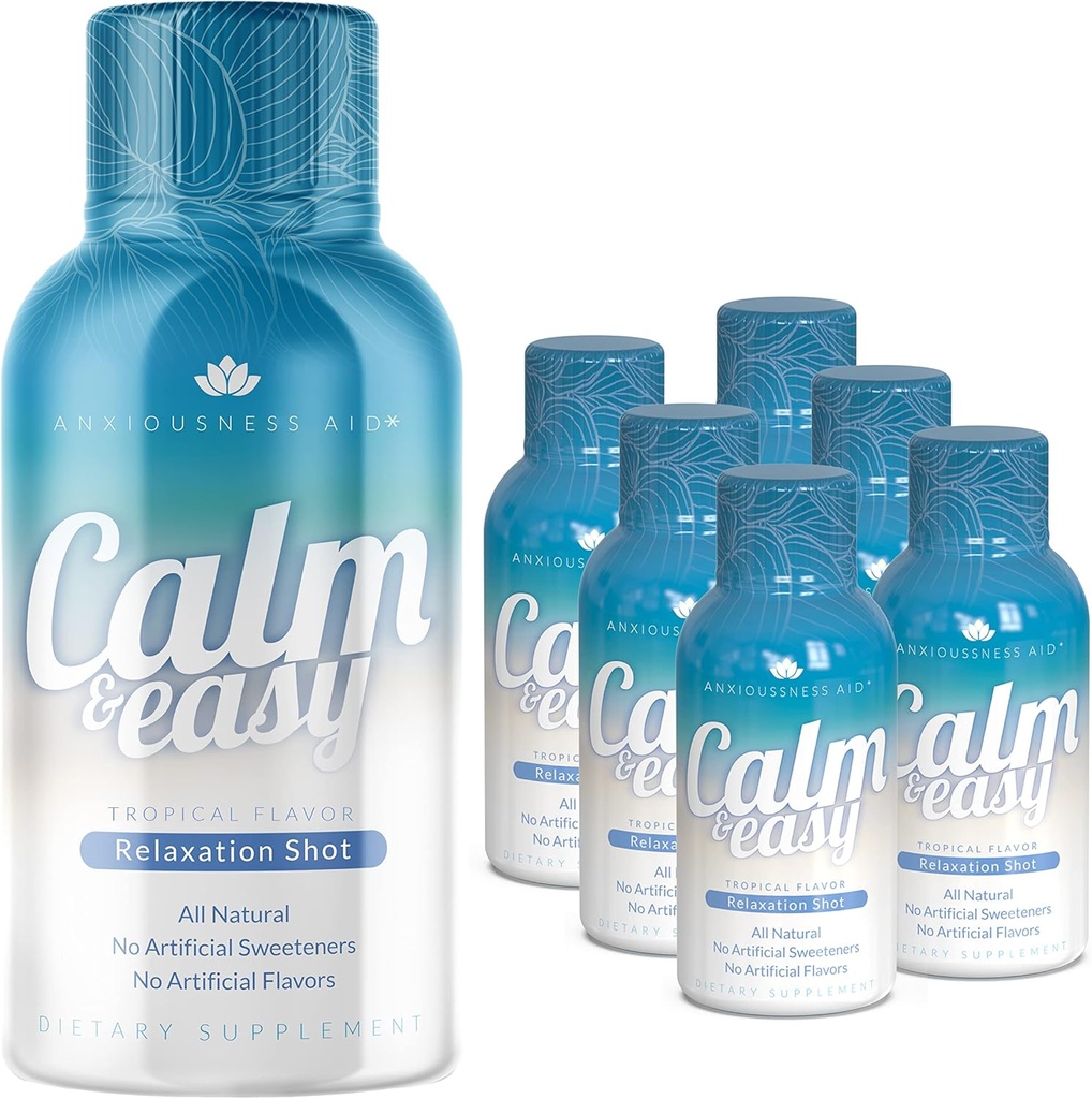 Calm & Easy - Natural Relief Shot, KSM-66 Ashwagandha, Suntheanine L Theanine, 镇定适配体饮品, 放松, 聚焦, 和Mood → 2 oz液瓶( 6 Pack)