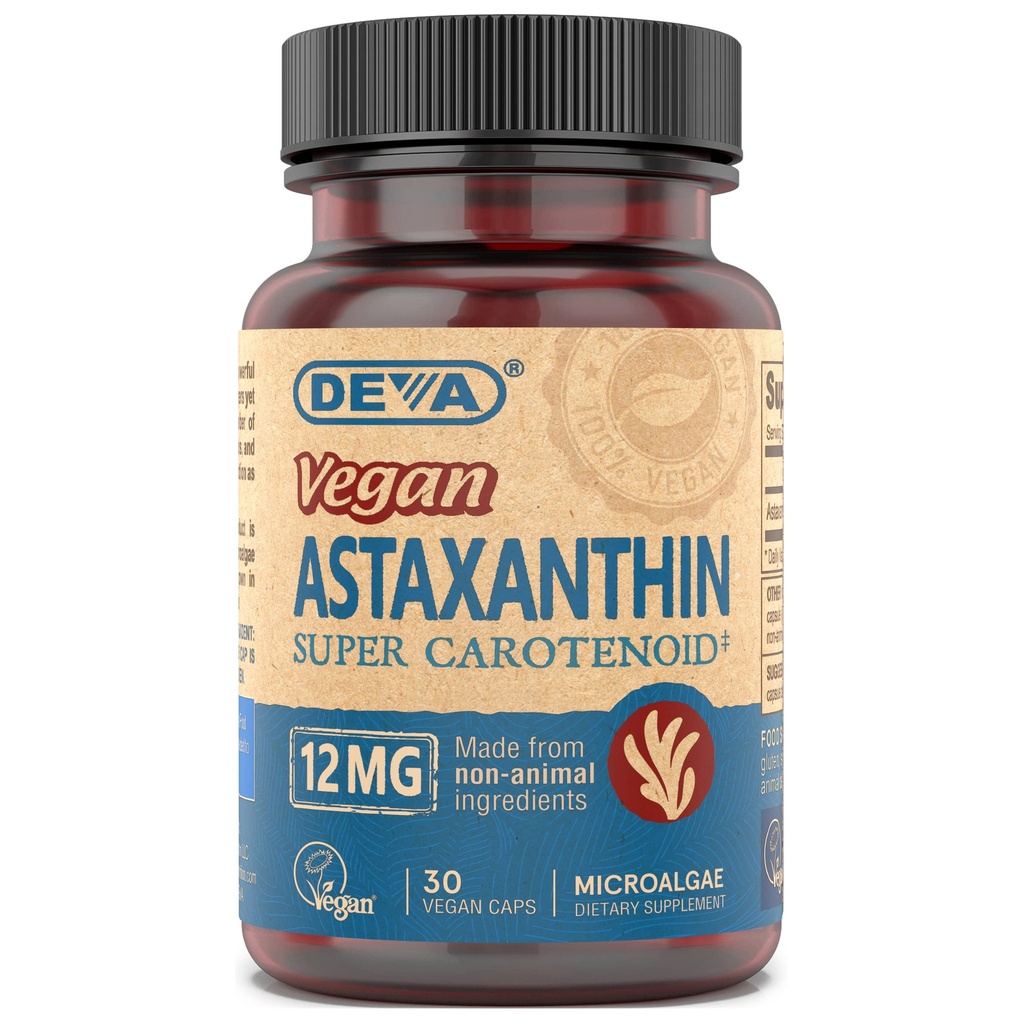 DEVA 营养 维生素 Astaxanthin 12mg, Vegan, 由 Pluvialis 微藻(Haematococcus Pluvialis Microalgae)制成,30 Capsules, 1-Pack