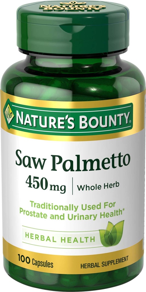 自然丰盛的Saw Palmetto、草药健康补充品、前列腺和尿液健康,450毫克,100卡普尔