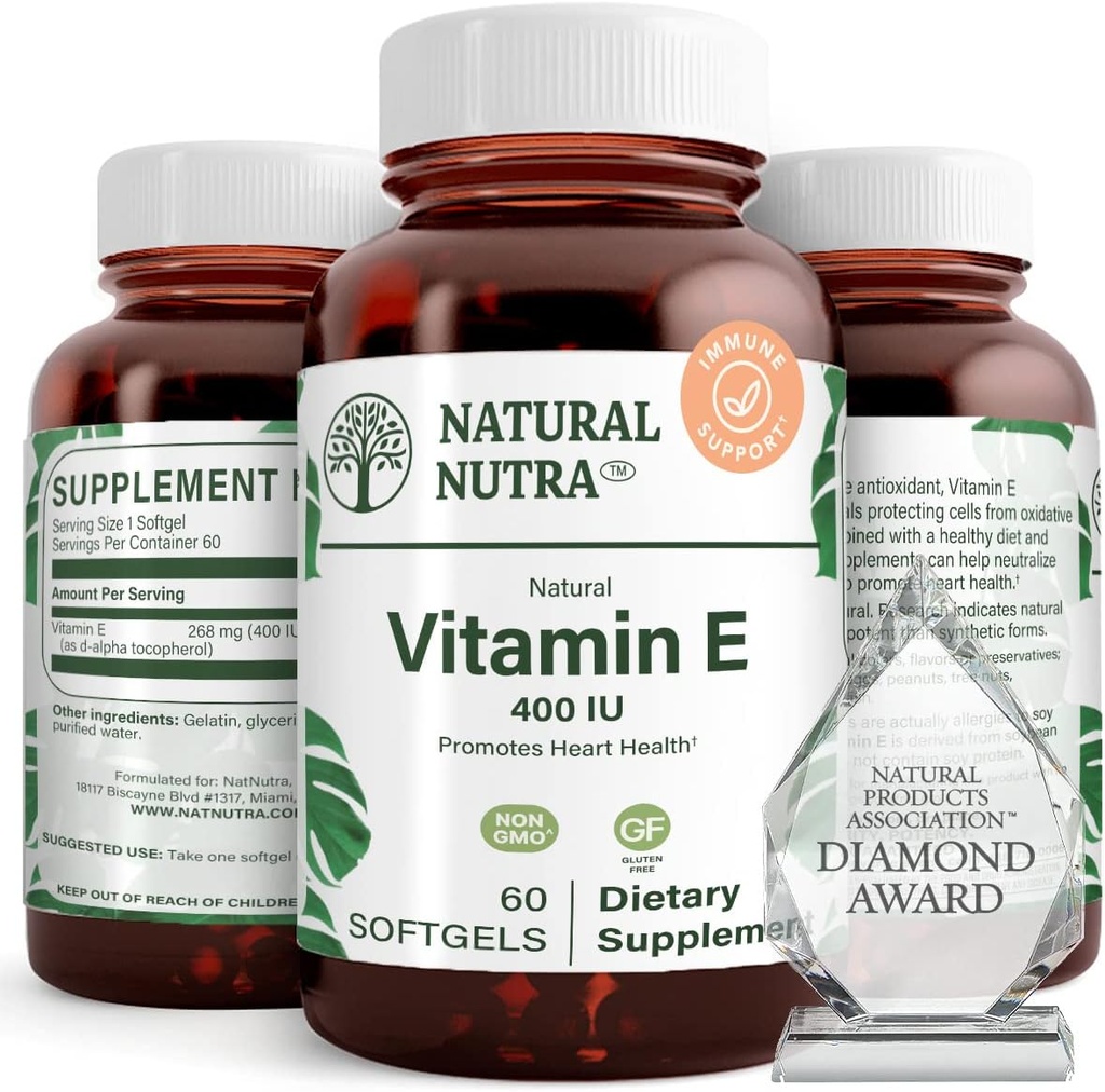 Natural Nutra Vitamin E 400 IU 补充品,Enrich Health Nutrients,促进皮肤健康,增强头发和钉子生长,支持身体脂肪水平,帮助心脏健康和保护皮肤纹理,60软胶