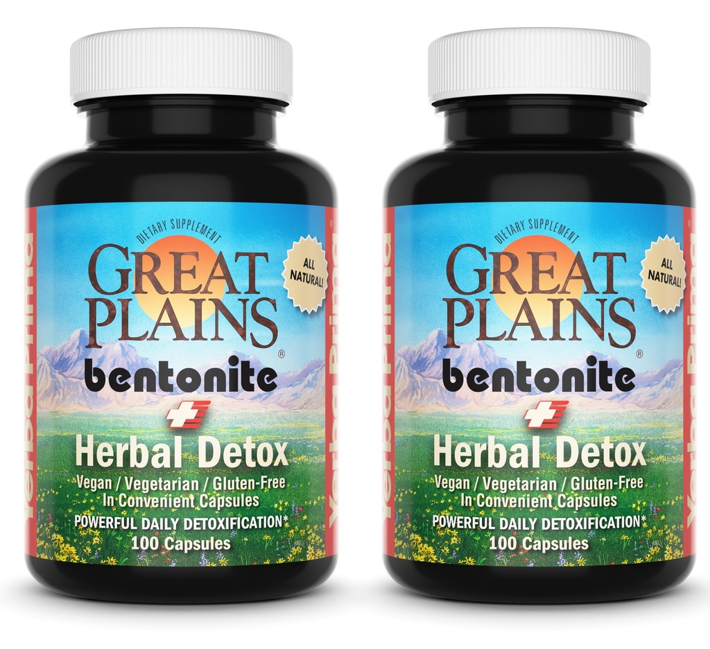 叶尔巴·普里马大平原 Bentonite Clay Caps Plus 草药解毒剂(包2) - 食物等级 - 肝脏和科隆清洁剂补充剂 Capsules