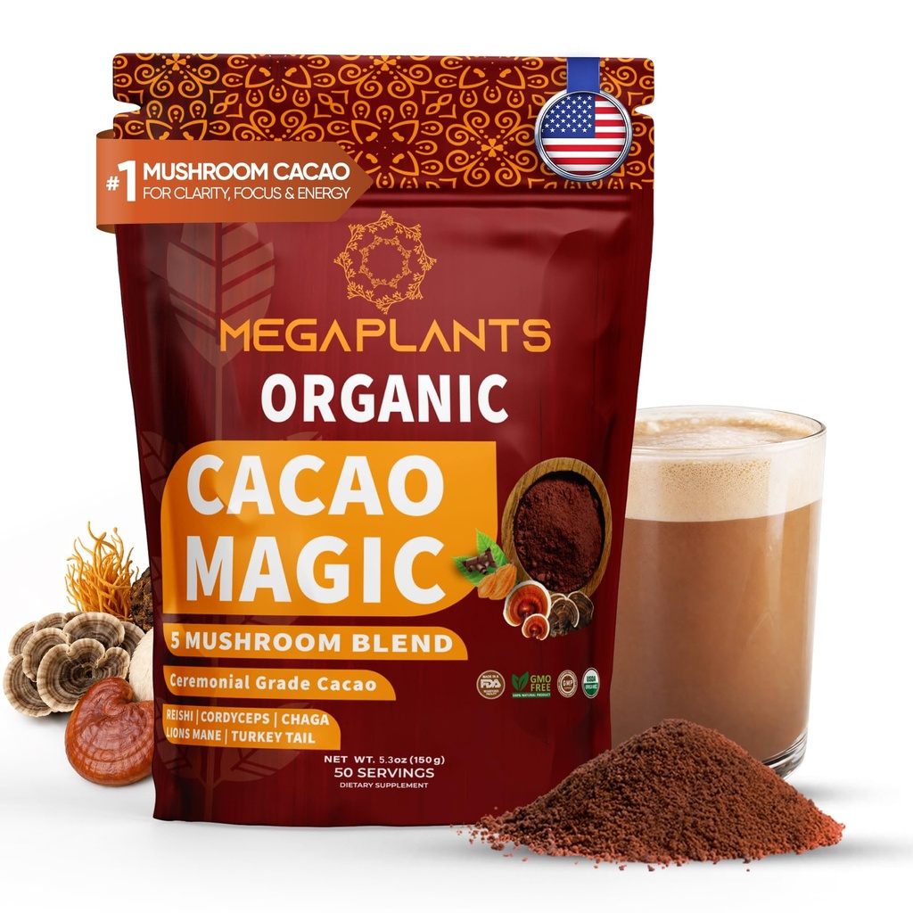 Mega Plants Cacao Magic (50 services) 超级食品 超级食品 5 蘑菇 Blend 狮子 Mane, Reishi, Chaga, Cordyceps, Turkey Tail QQ 滑冰,热巧克力,咖啡替代品