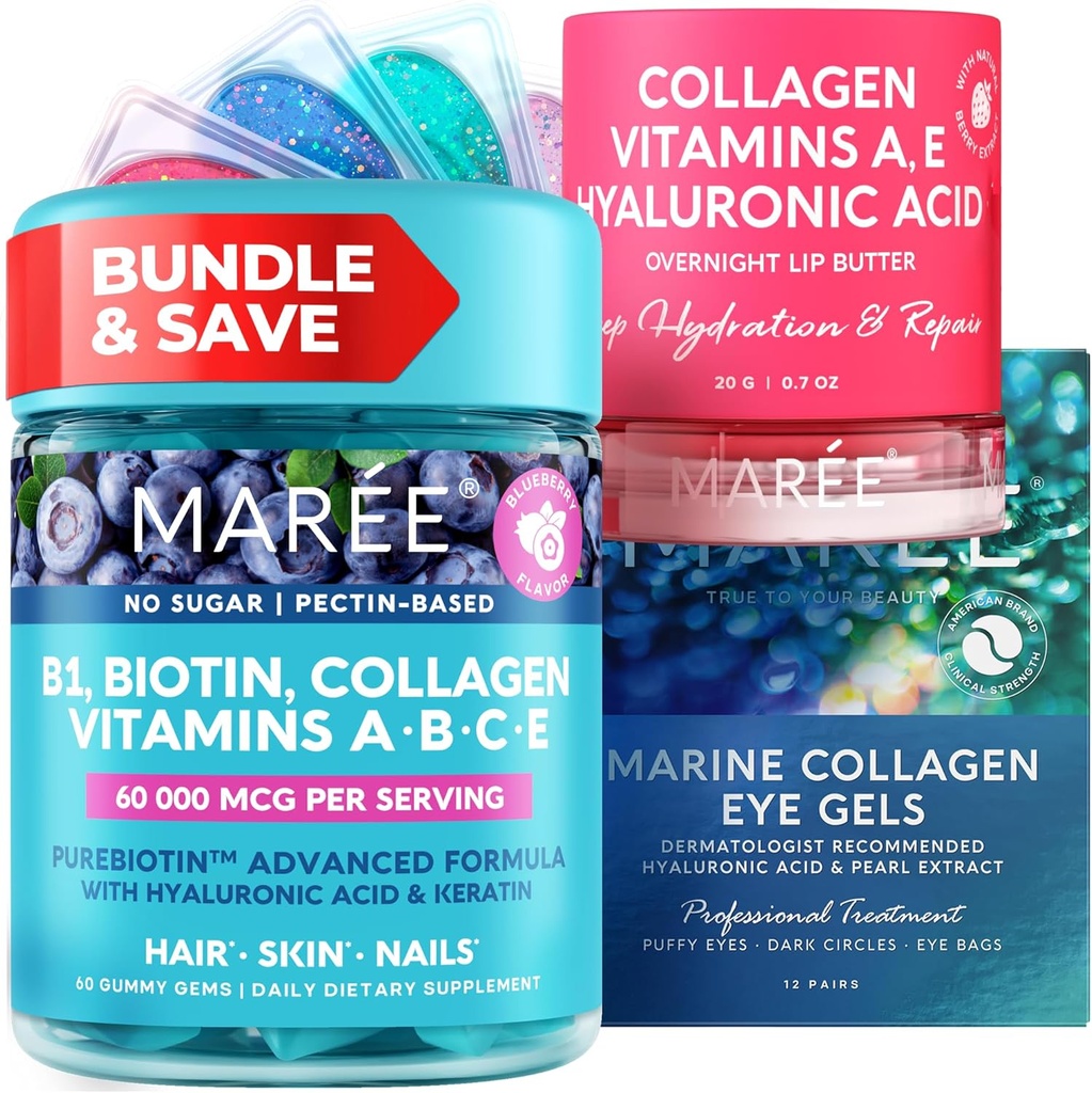 MAREE Bundle - 维生素B1 Thiamine Gummys, Lip Mask, 下眼盖 - A, E, D, C 维生素 - Collagen & Hyaluronic Acid - 皮肤,钉子,毛发的复合物 - 干唇的面具 - 毛眼的盖尔斯