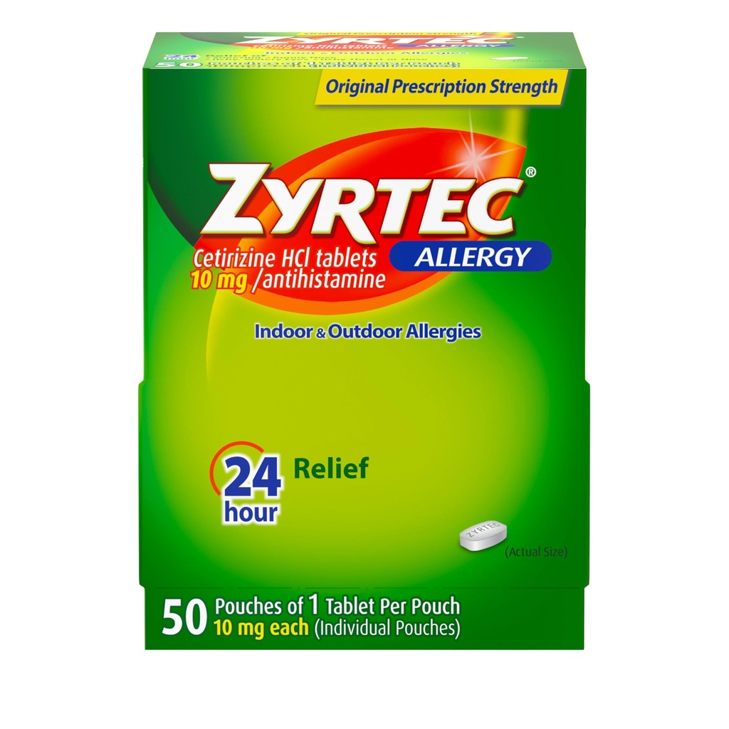 Zyrtec 24小时过敏药片、单独包装的室内和室外过敏药片,每安非他明药片10毫克Cetirizine HCl,每包1块药片,50厘米药片