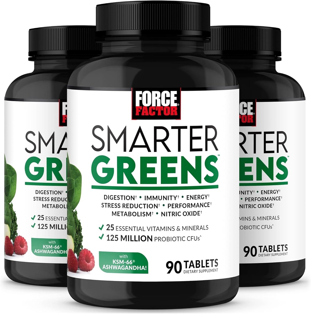 FORCE FACTOR Smarter Greens Plates, 3-Pack, Greens 补编,配有25+超级食品和抗氧化剂,以改善文摘,减少压力,加强豁免和支持代谢,270片