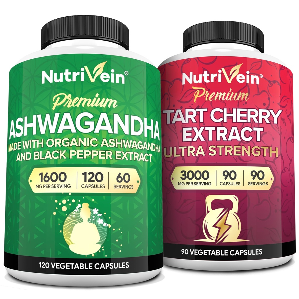 Nutrivein Premium Ashwagandha Capsules & Tart Cherry Capsules Bundle:高吸附Tart Cherry提取剂和Ashwagandha恢复、平衡和生命力补充剂