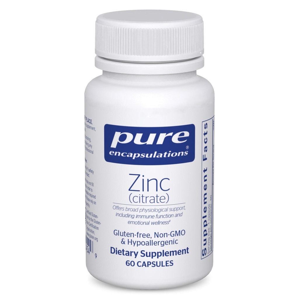 纯封装锌(Citrate) - 用于Immune系统,组织发展和代谢 * - 用酶补充矿物 - 高吸附锌 - Vegan & Non-GMO - 60 Capsules