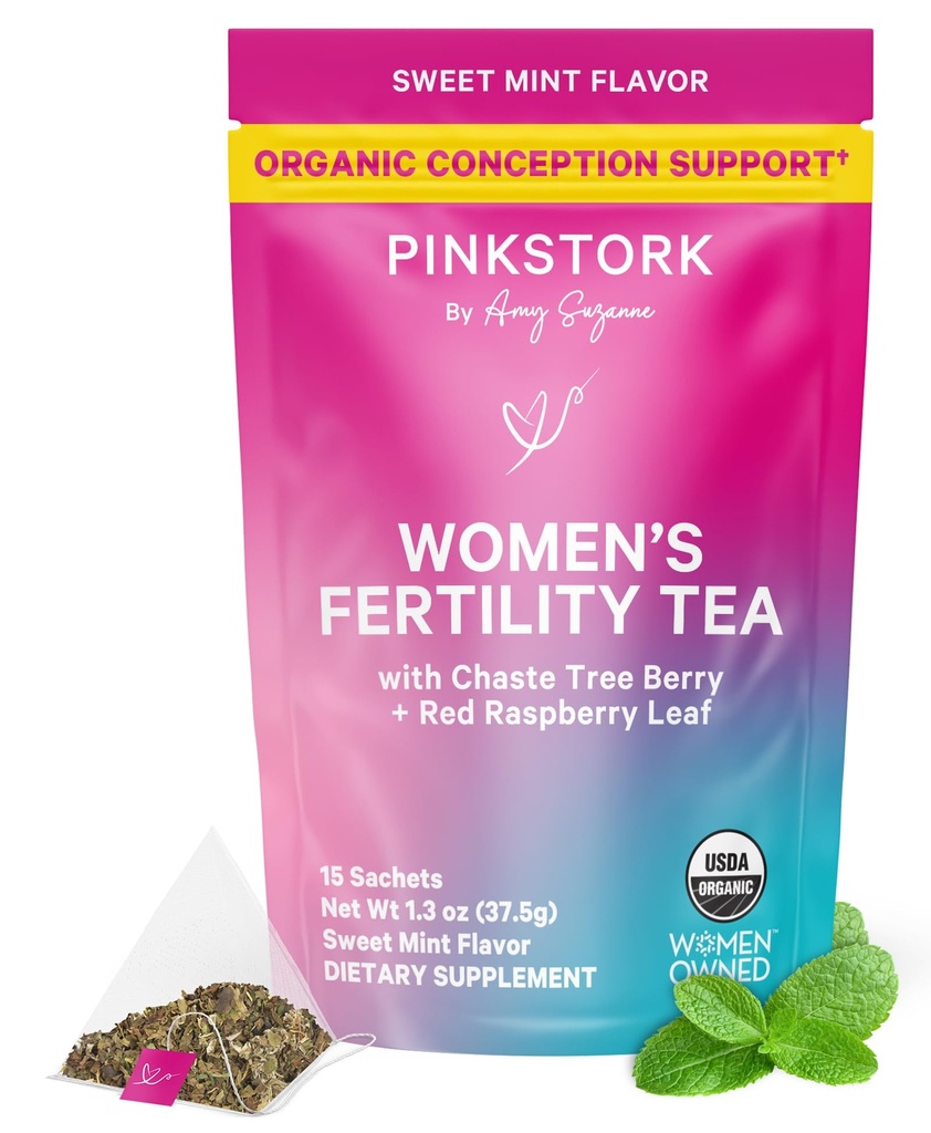 Pink Stork 有机生育率茶 女性 + 用香草树莓(Vitex) + 红莓叶 + Hormone 平衡草药茶 用于构思支持 → USDA 有机, 咖啡因 免费 - 甜薄荷, 15 Sachets