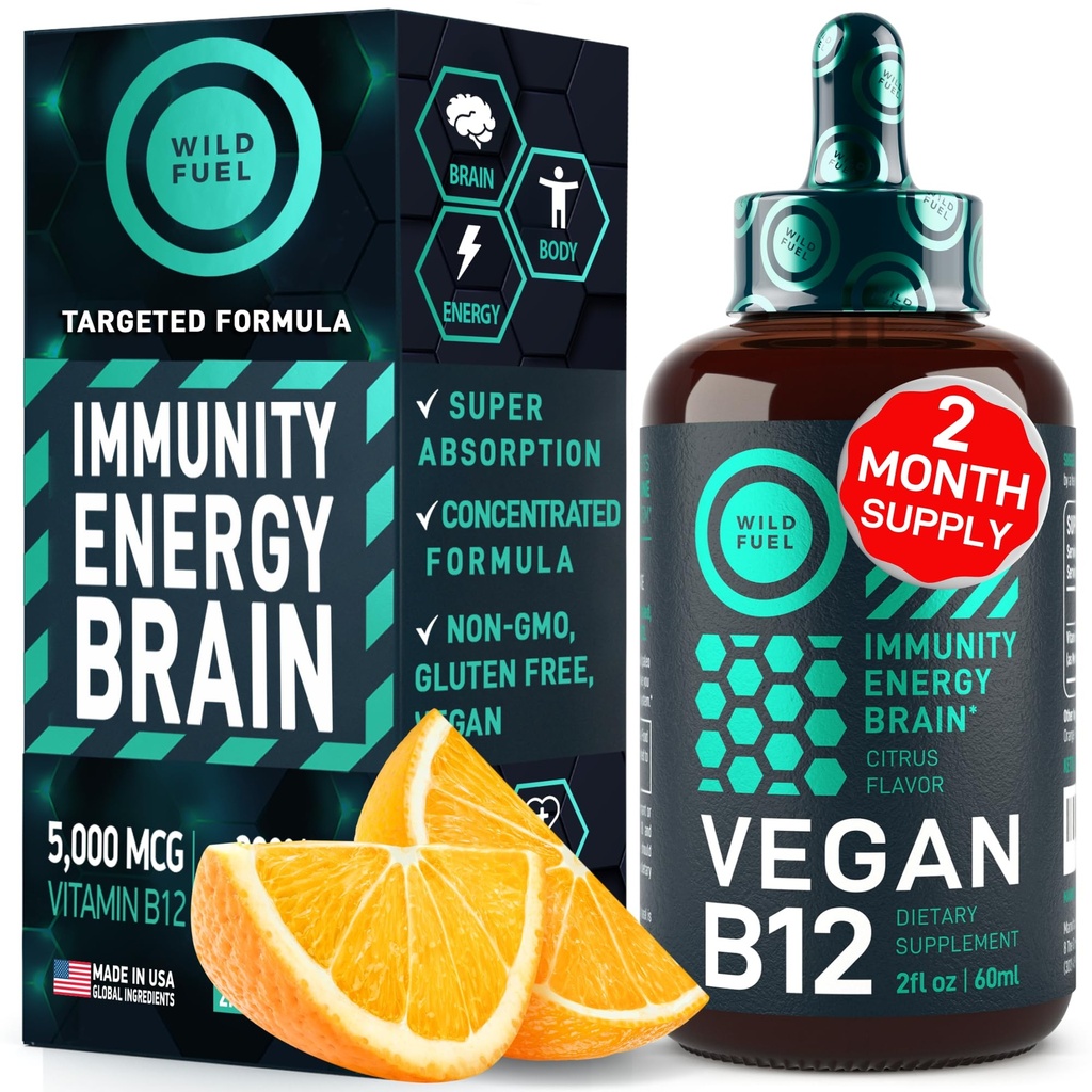 Vegan Vitamin B12 液滴 - 快动作 B12 亚语言 5000 mcg Methycobalamin 补充 - 能量,内存和Mood 支持 - 高概率 1-Dropper 每日 - 天然 Citrus Flavor - 2oz