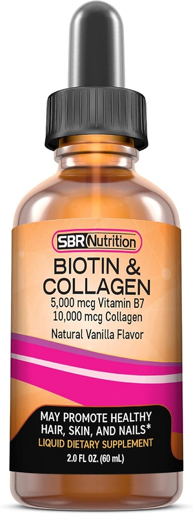 SBR 营养 生物素和Collagen 液体 每日膳食补充剂, 维生素促进毛发生长和增瘦, 皮肤健康和钉子强度, 2 oz(60mL)