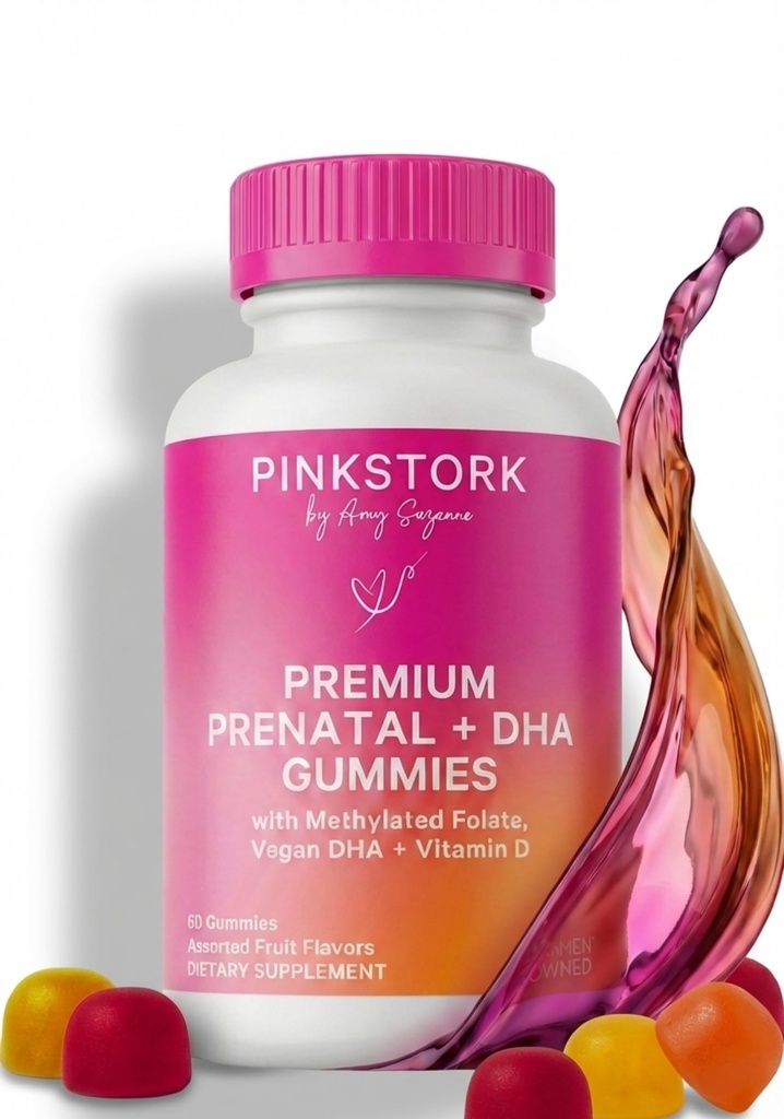 Pink Stork Premium 产前配有DHA,Folate,和维生素D的Gummy Vitamins - 神经管和胎儿脑发育的多维他命和营养元件 - 怀孕必须拥有 - 60 Vegan Gummys