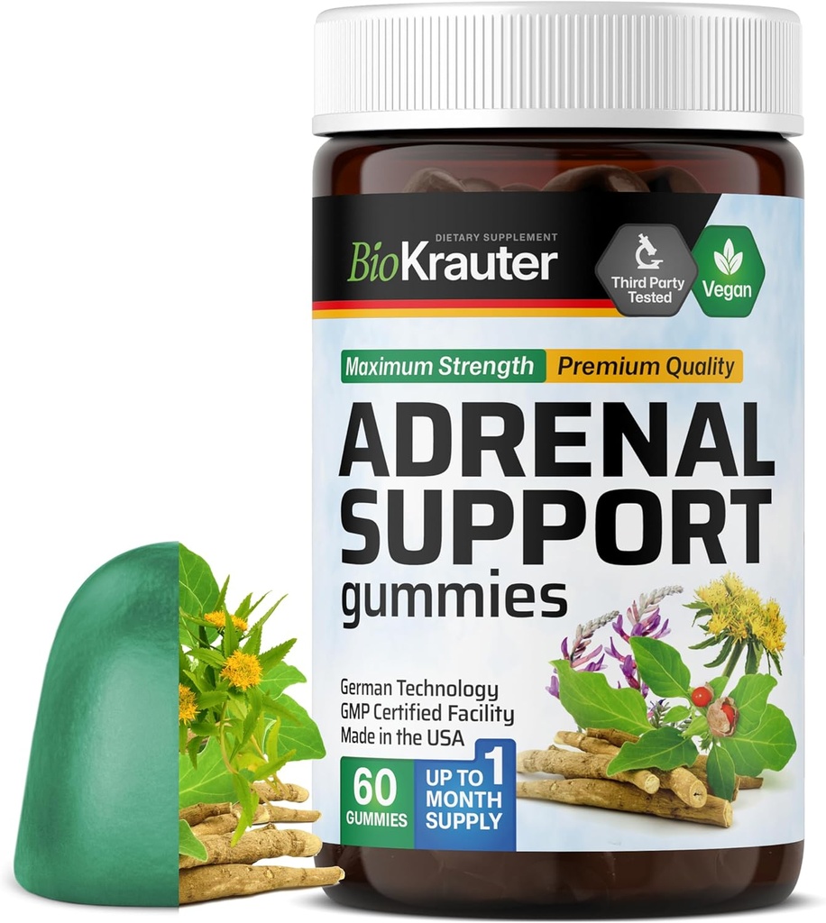 BIO KRAUTER 肾上腺支持 Gummys - 60 Chews - Rhodiola & Ashwagandha Gummys 配有维生素C, B6, B12 - Vegan Mood 支持补编