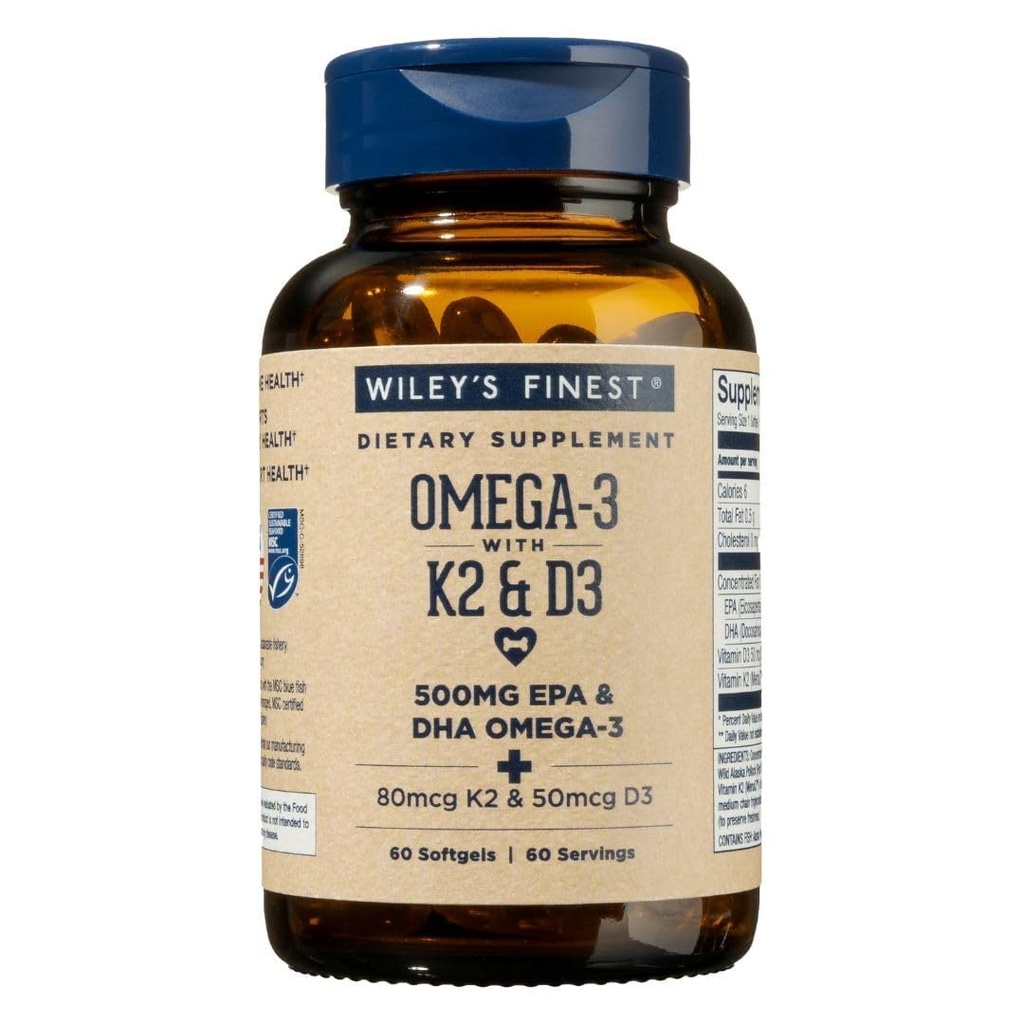 威利最精美的野生阿拉斯加鱼油维生素K2和D3软胶——500毫克的EPA和DHA Omega-3用于骨骼和心脏健康支持——60软胶(60架)