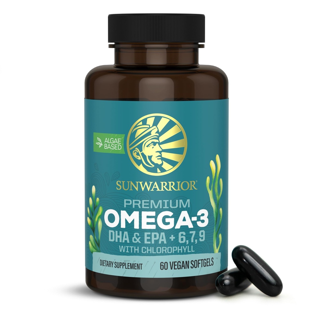 Sunwarrior Vegan Omega 3 DHA & EPA 补充 Algal Oil 鱼油优先替代品支持脑眼联合和心脏健康(60个计数)