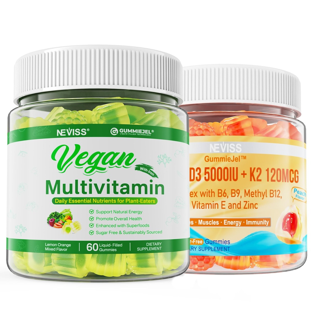 NEVISS 维生素 D3 5000IU + K2(MK-7) 120mcg 配以 Vegan 多维特敏 配以铁,维生素 B12, A, D3, K2, Algae Omega 3, 镁, 锌