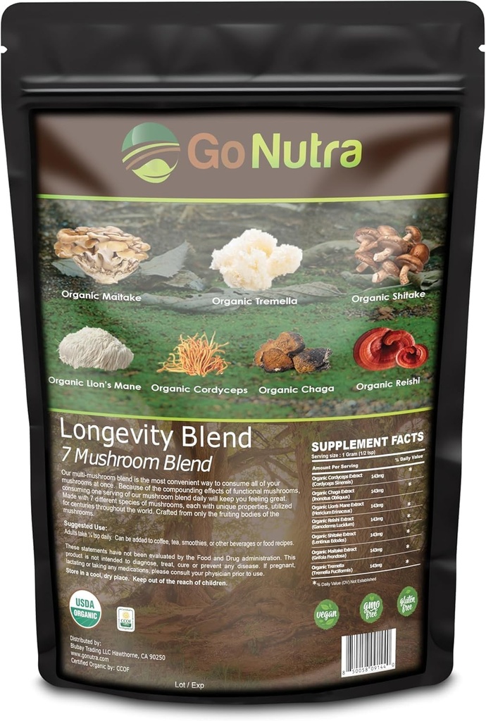 Go Nutra - 有机7 蘑菇补充剂,长寿蘑菇粉 与狮子的玛内,查加,诗竹,麦竹,瑞希,特雷梅拉,和科迪塞普斯蘑菇,Non-GMO,Gluten-Free,Vegan,8 oz