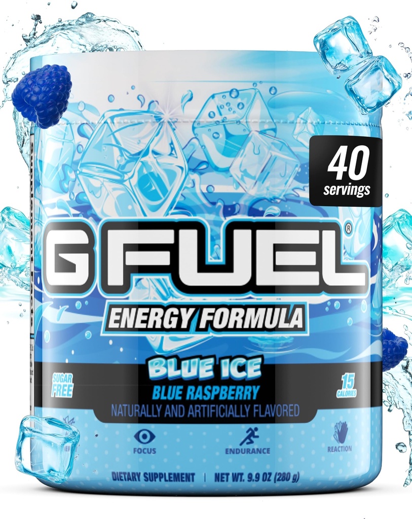 G Fuel Blue Ice Energy Drinking Powder, Pre Workout Cafeine Mix for Gaming, 免糖聚焦氨基,维生素+抗氧化剂, 9.9oz(蓝莓, 40种服务)