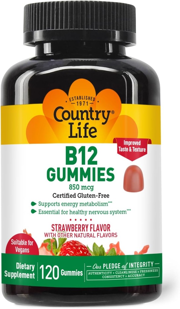 乡村生活 维生素B12 Gummys – 850 mcg Cyanocobalamin, 120 mcg Counter – Vegan, Gluten-Free Gummy 能源代谢与神经系统支持 – 天然草莓 Flavor, 2g 糖
