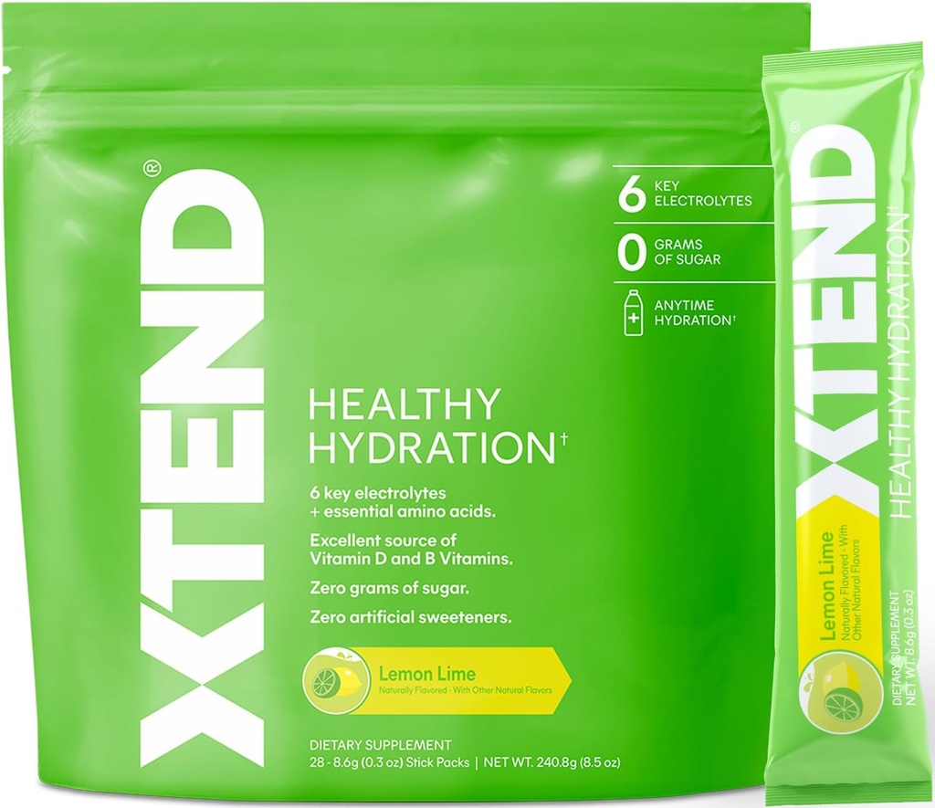 Xtend XTEND 健康水利 → 高级水利 粉末包装 → 电解质 饮料 → 3 基本氨基酸 → NSF 体育认证 → 28 棒,柠檬 莱姆