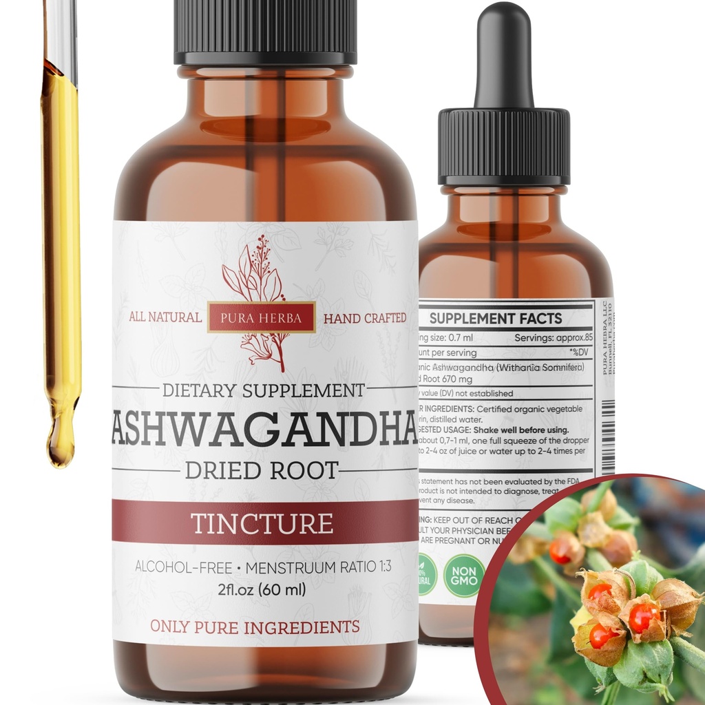 Ashwagandha液滴、Ashwagandha根茎、Ashwagandha提取草药补充剂 - 2 Fl Oz