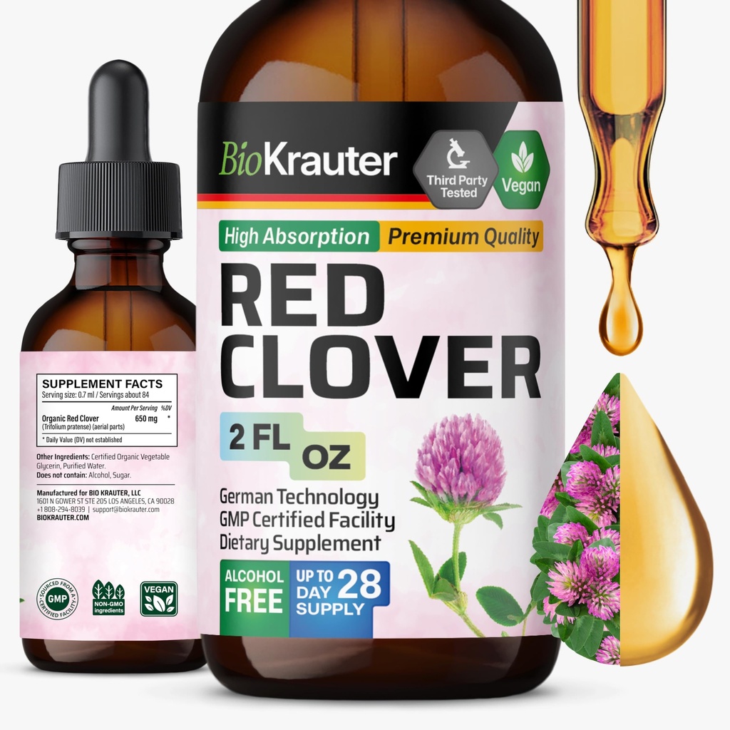 BIO KRAUTER 红色克洛弗叮当 - 红色克洛弗提取 - 液态补充 女性支持 - 无酒精和糖 - Vegan Drops 2 Fl.Oz.