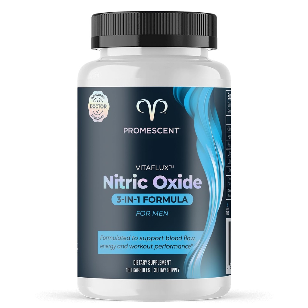 Promessent VitaFLUX 硝酸氧化物补充剂,L Arginine l 质量 Citrulline 补充剂用于男性,支持健康的血液流动,硝酸氧化物助推剂 Aginine 补充剂,180 Capsules