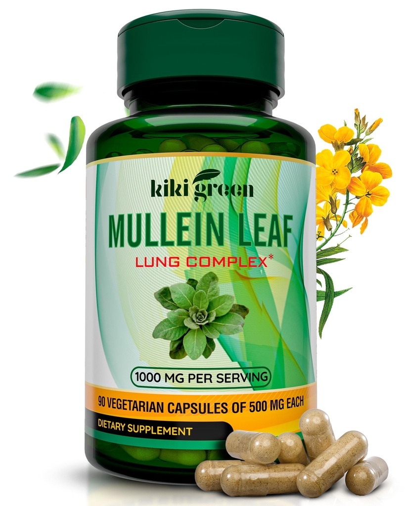 KIKI Green Mullein Leaf Capsules - Vegan 草药补充剂 - 用于肺清洁,支持,更好的呼吸,免疫功能 - 1000mg 45 服务 - 90个