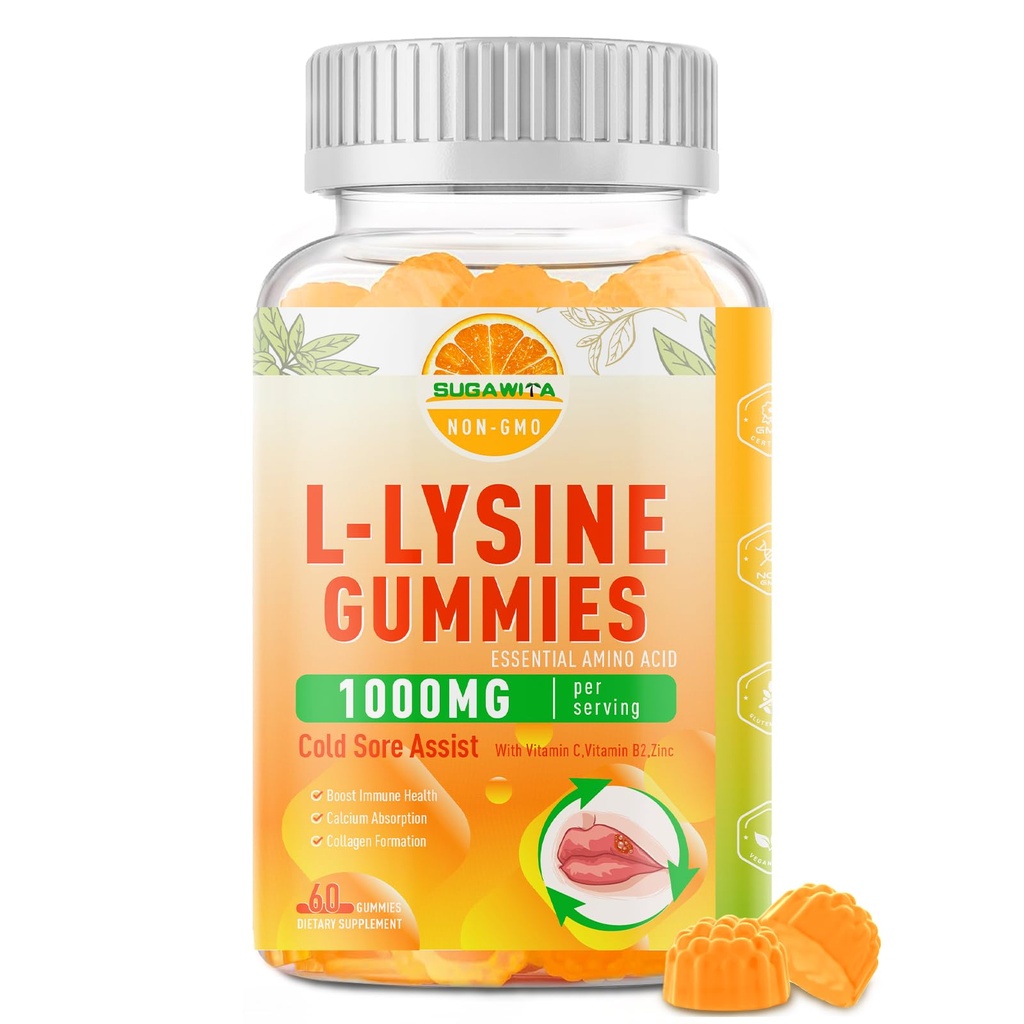 L-Lysine Gummys 1000 mg, 口唇和口腔有免疫支持的冷酸补充剂,成人和孩子可口味的 L L Lysine Gummys, Boost Immune & Colagen, Non-GMO, Vegan, Gluten Free - 60个伯爵