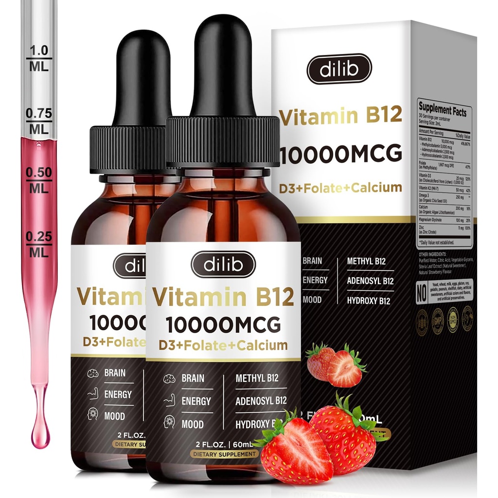 B12 维生素B12 液体投放分语言 1000 mcg, 三联B-12 复合补充, 男女甲基和甲基Cobalamin 混合剂, Mood & Energy Booster, 代谢与健康支持, 2 Pack
