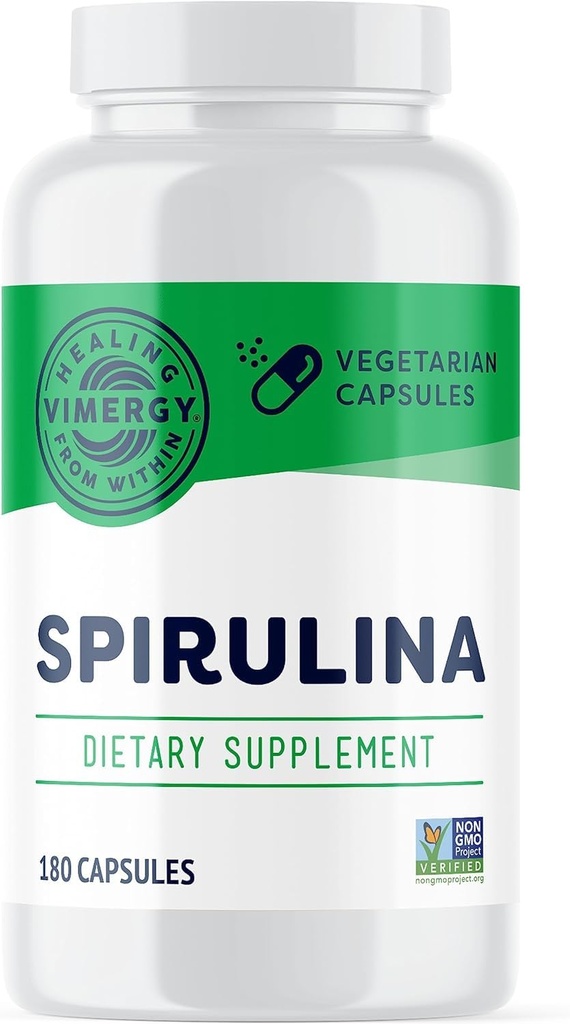 Vimergy Spiruina Capsules – 集中植物蛋白支持免疫健康与心血管功能 – Vegan, Kosher, Gluten-Free – 180 Capsules