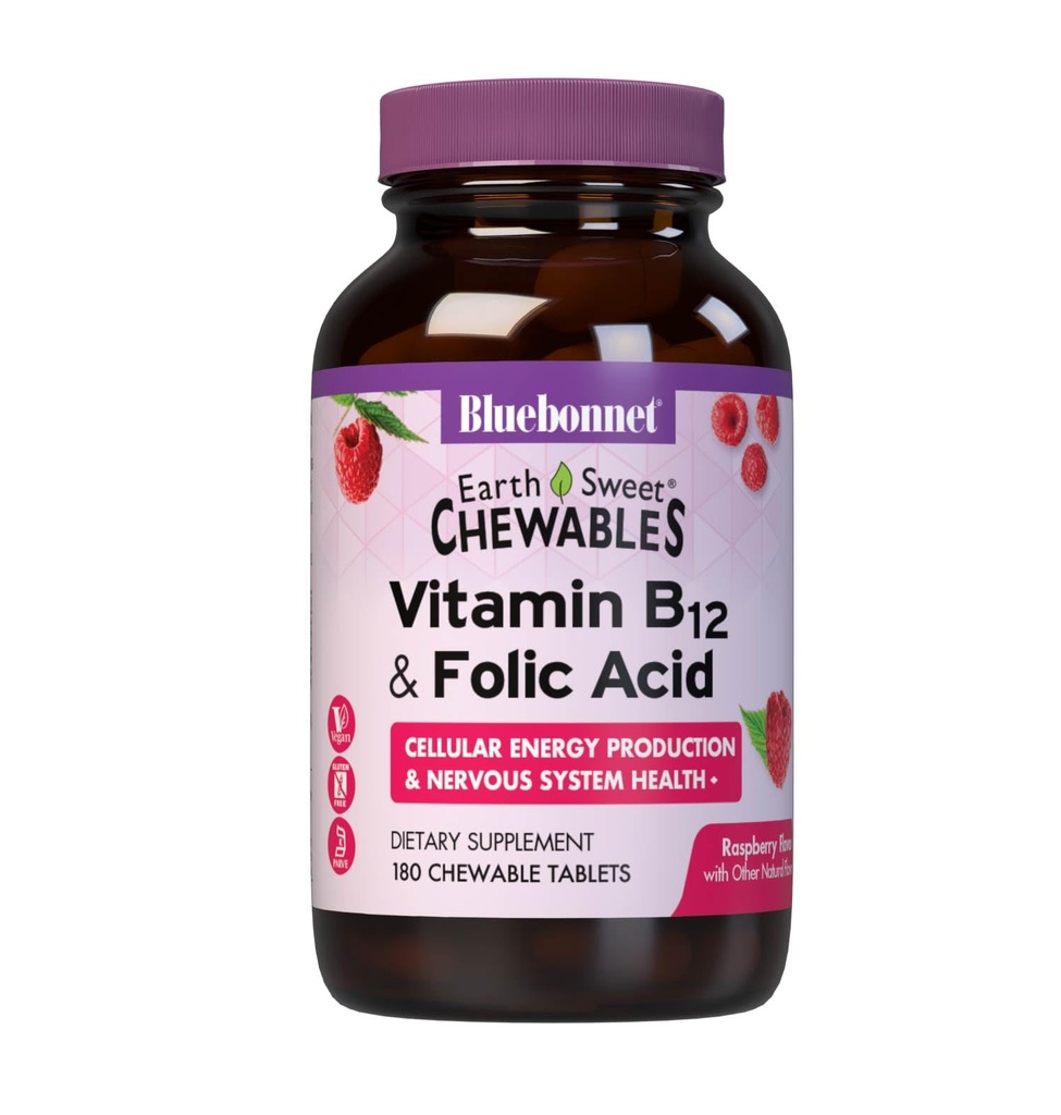蓝本网 营养 地球 甜维生素 B12 1000 mcg 和 Folic Acid 400mcg 脑健康与能源 * 女性和男性维生素 - Vegan, Gluten-Free Raspberry B 12 维生素 - 180 可切片