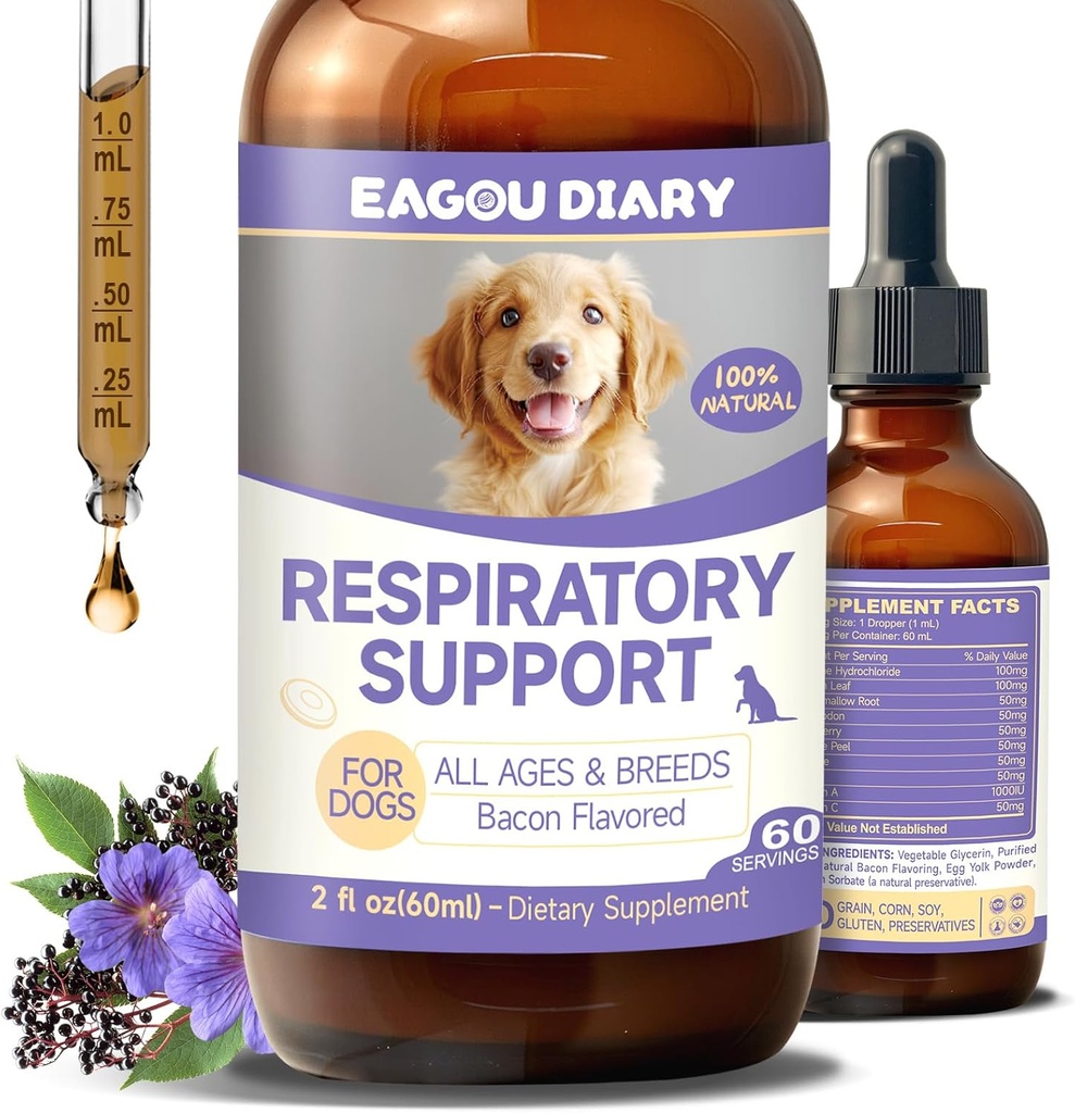 EagouDiary Dog cough 治疗,Liquid Kennel Cough 治疗用赖氨酸,Mullein,维生素,犬类呼吸,喷嚏,干燥,湿和巴基救济的自然补充(60mL/2 Fl Oz)