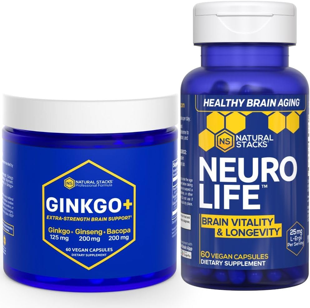 自然结扎(Natural stacks Ginkgo Biloba) + 神经生命补充包 - 支持精神性能和大脑长寿* - 120 总盖