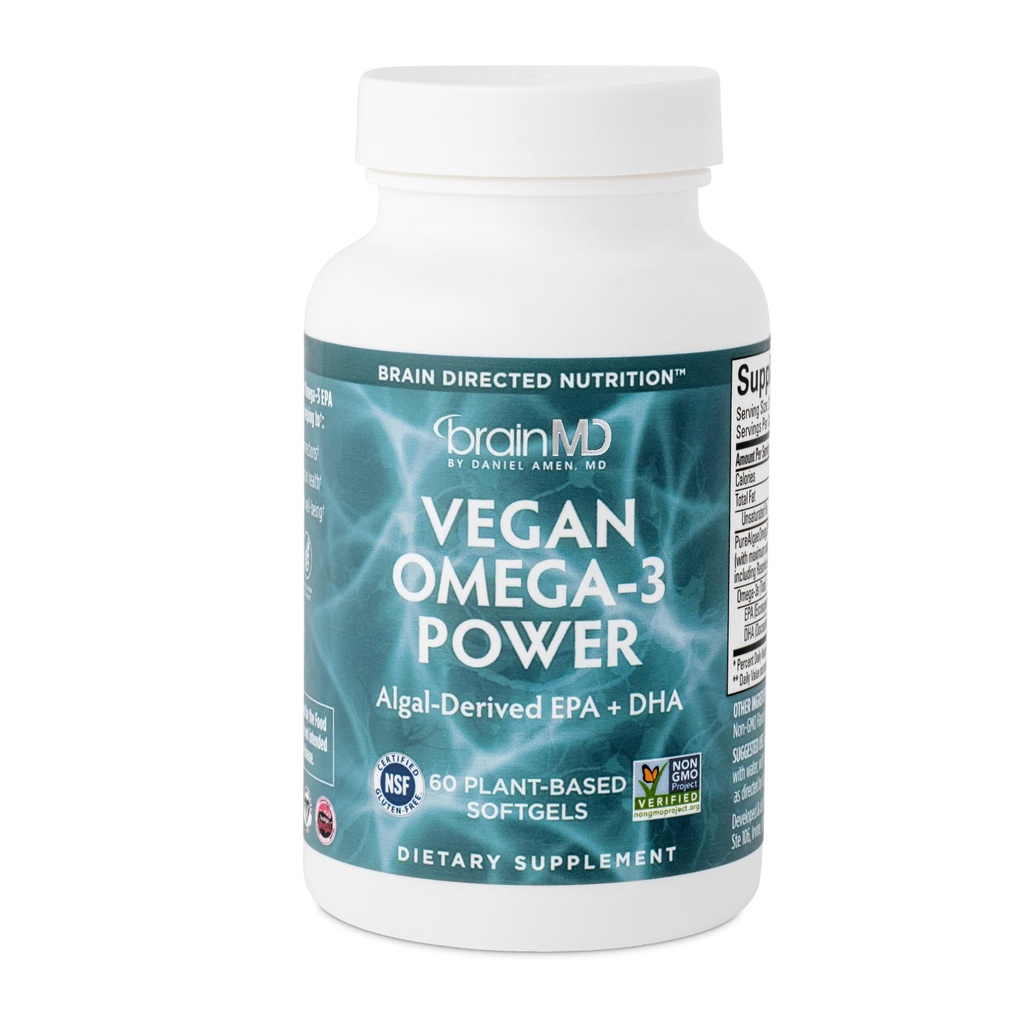BRAINMD博士 Amen Vegan Omega-3 Power - 60 种植物软胶 - 1,100 mg of EPA & DHA - 支持焦点,记忆和心脏健康 - Vegan, Gluten Free & 非GMO - 30 services