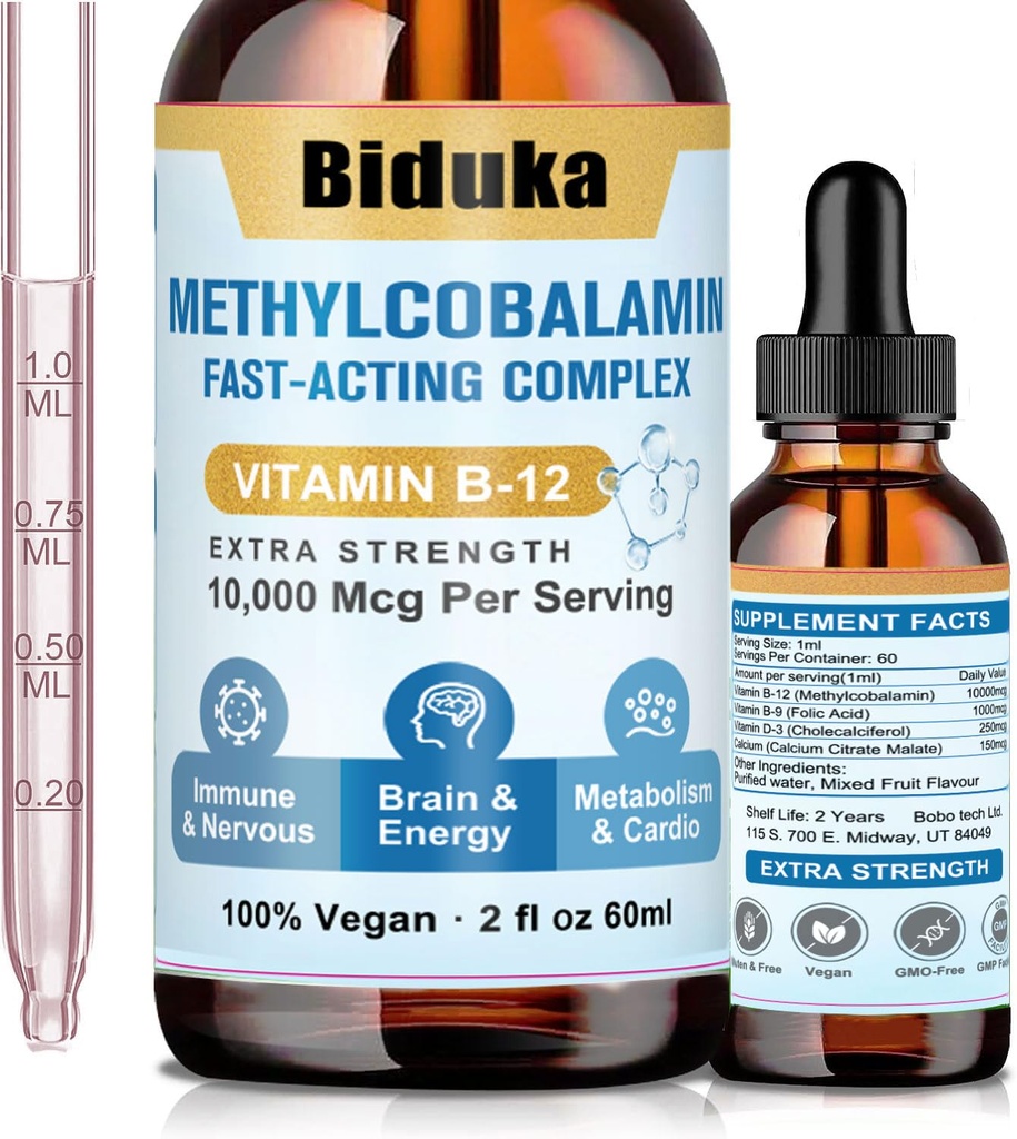 10,000mcg 维生素B12 亚语言液体滴,配有D3,B9(酸液)的独特公式,钙,支持能量,心脏,Mood,大脑,免疫系统,蔬菜,非GMO和Gluten Free
