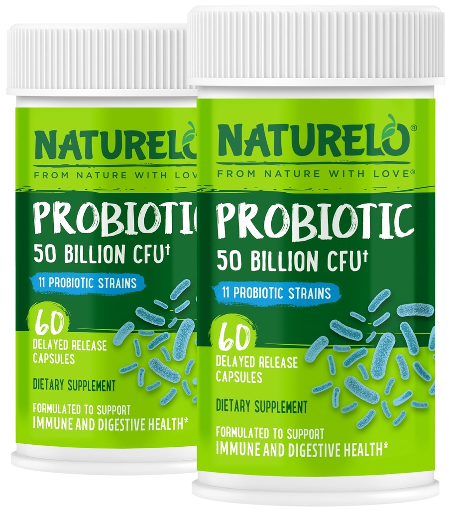 NATURELO 消化保健的抗生素 -- -- 5亿CFU,11 Strains,每日使用补编 -- -- 靴子免疫系统,延迟释放,No-Fridge,60个蔬菜卡普尔(包2)