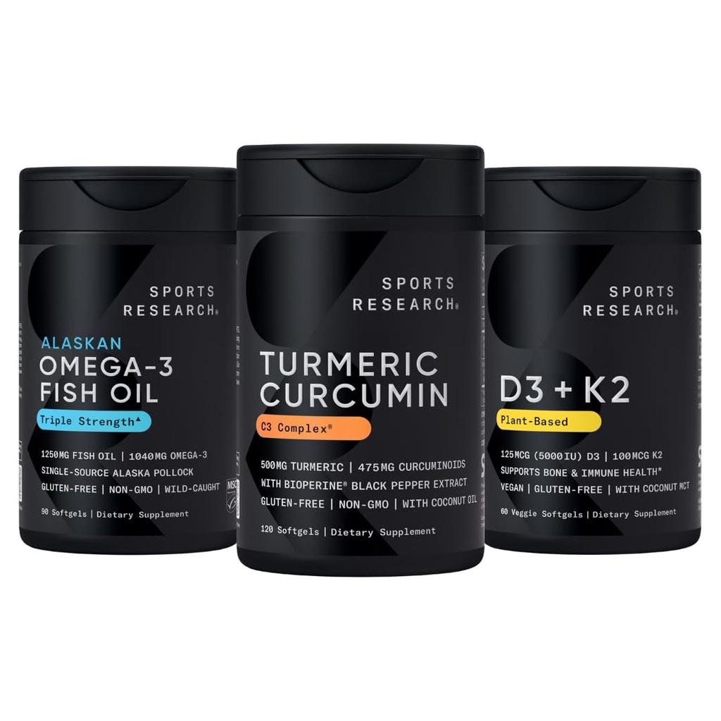 体育研究 野生阿拉斯加波洛克 Omega 3 鱼油 90 软胶(1250 mg),Turmeric Crucumin C3 Complex(120 Softgel)和 Vegan 5000 IU 维生素D + 100 mcg Mk7 维生素K(60 Softgel)