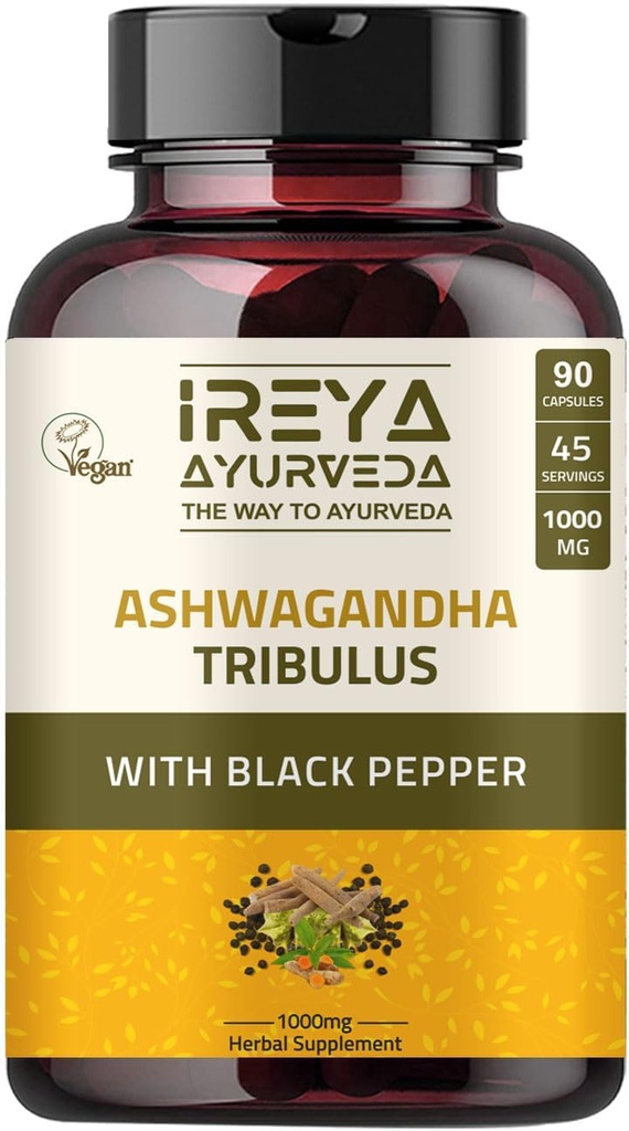 Ashwagandha Capsules 有机1000mg(90 Capsules) 与Tribulus Terrestris、Shatavari 和 黑椒有机成份一起制造