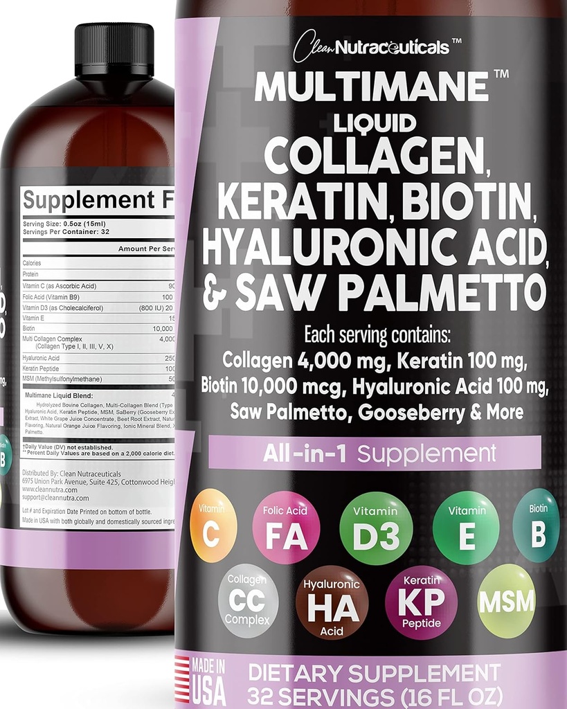 纯净营养素 液态Collagen 4000mg 生物锡 1000mcg Keratin 100mg Saw Palmetto Hyaluronic Acid 100mg - 毛皮和直肠维生素和DHT 阻塞剂,配有美国生产的维生素D3 MSM 50mg - 16 Fl. Oz.